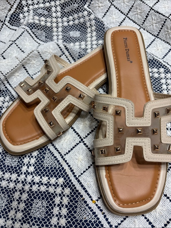 Pierre Dumas Shoes - Pierre Dumas Tan and Beige Studded Slide Sandals